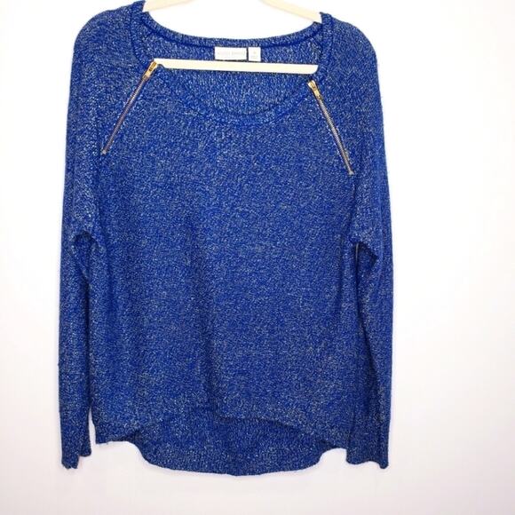 Bisou Bisou Michele Bonbot Zippered Hi Low Blue and Gold Sweater Medium - Picture 2 of 8
